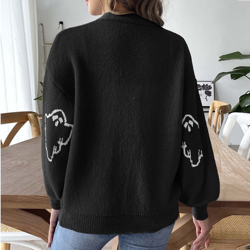 Wholesale Halloween ghost winter sweater button V neck long sleeve top ribbed cartoon jacquard knitted cardigan sweaters women