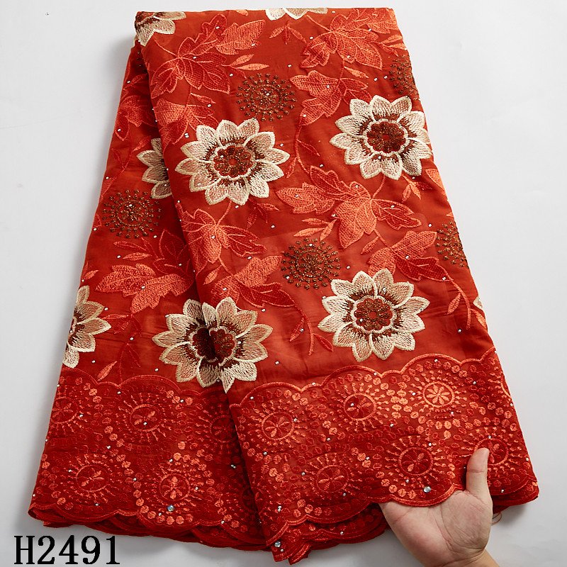 2491 Wholesale Swiss Voile Lace Fabric With Stones African Embroidery Flower Cotton Fabric For Wedding Dress