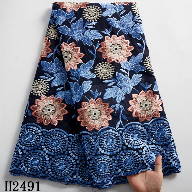 2491 Wholesale Swiss Voile Lace Fabric With Stones African Embroidery Flower Cotton Fabric For Wedding Dress