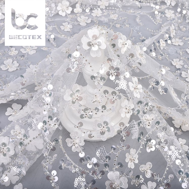 Hot sales competitive price 100% polyester knitted beautiful flower sequin embroidery tulle lace fabric for women dress