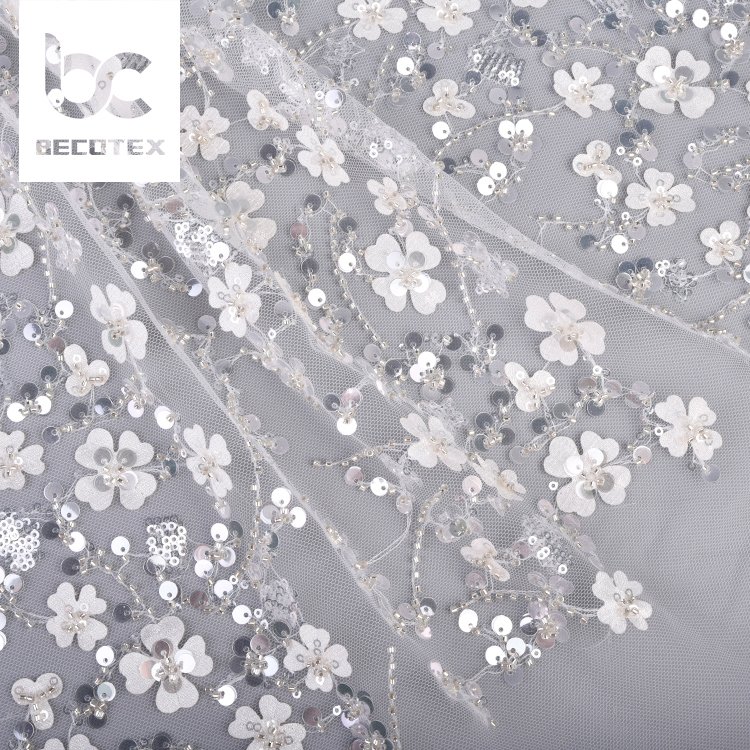 Hot sales competitive price 100% polyester knitted beautiful flower sequin embroidery tulle lace fabric for women dress