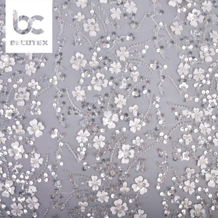 Hot sales competitive price 100% polyester knitted beautiful flower sequin embroidery tulle lace fabric for women dress