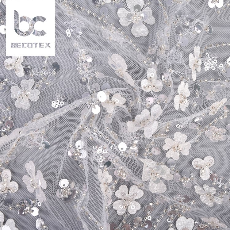 Hot sales competitive price 100% polyester knitted beautiful flower sequin embroidery tulle lace fabric for women dress