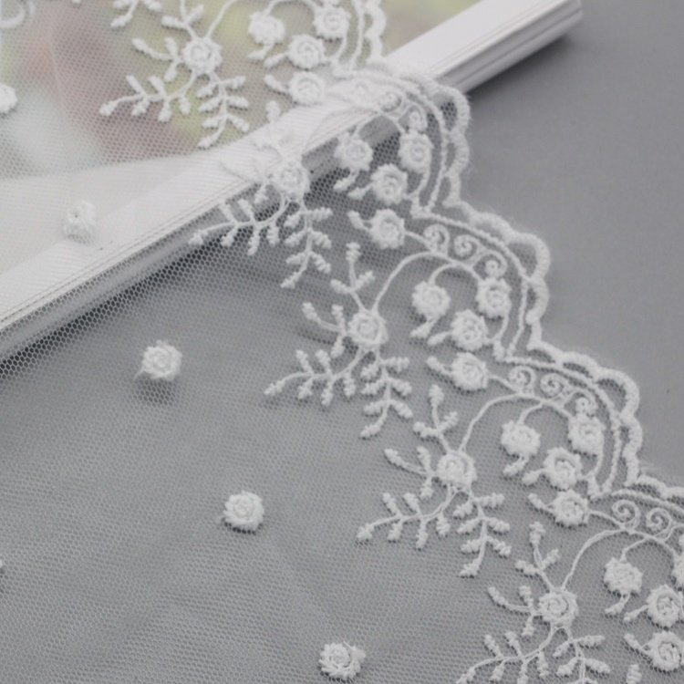 Luxe High Quality long Luxury Fabric nylon gpo swiss lace material Polyester Mesh Lac charm bridal Embroidery Lace coral Trim