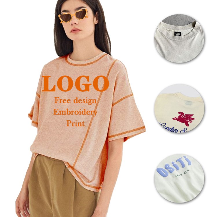 Custom Rib Fabric Custom Logo Embroidery Shirt Sexy Fit Slim Ladies Summer Plain Tight Crop Tops Unisex Round Neck T-shirts