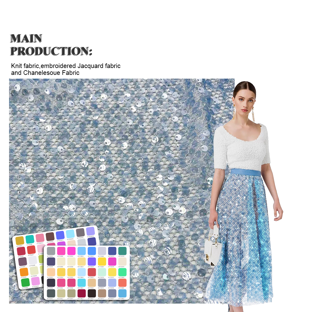 More popular blue color fabric Polyester Metal lace mesh sequin embroidery fabric for girls apparel suspender dress clothing