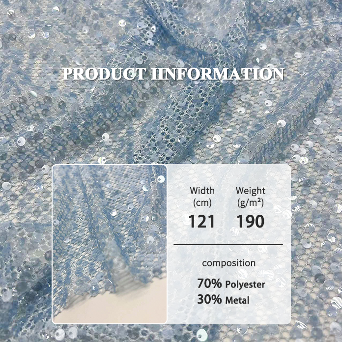 More popular blue color fabric Polyester Metal lace mesh sequin embroidery fabric for girls apparel suspender dress clothing