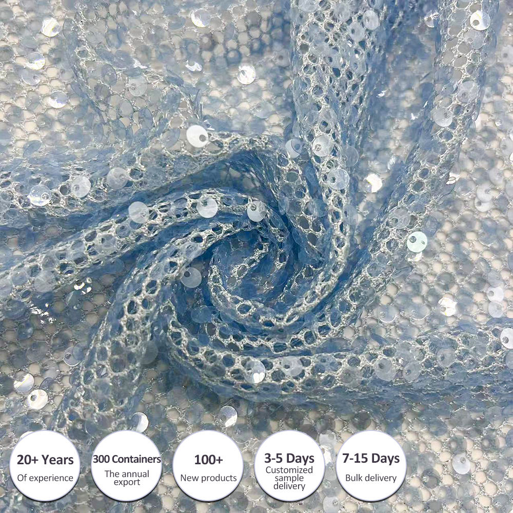 More popular blue color fabric Polyester Metal lace mesh sequin embroidery fabric for girls apparel suspender dress clothing