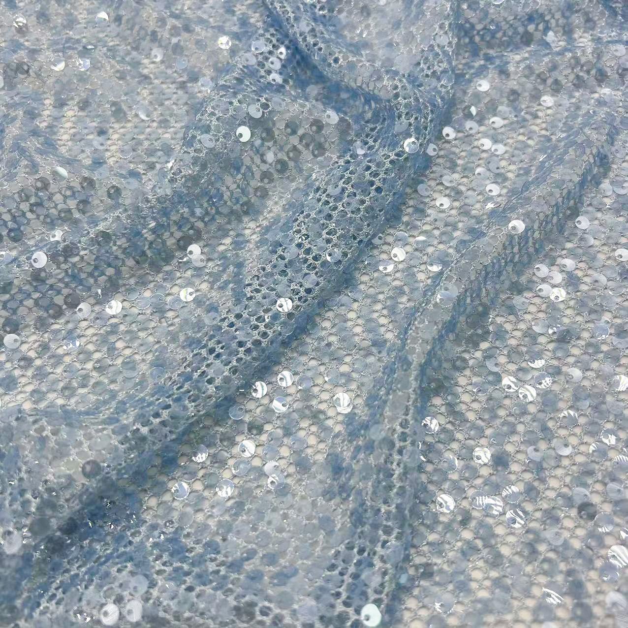 More popular blue color fabric Polyester Metal lace mesh sequin embroidery fabric for girls apparel suspender dress clothing