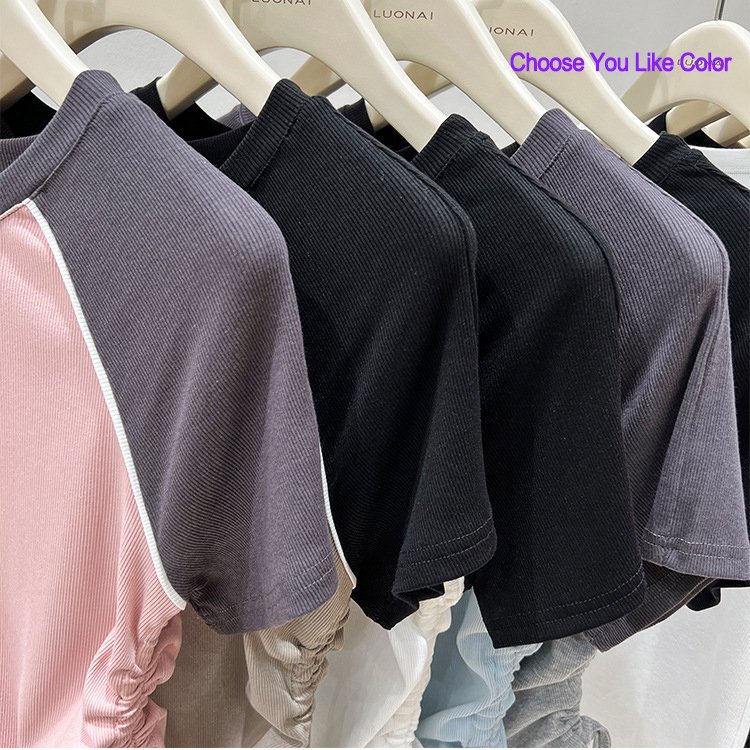 Custom Y2K Contrast Color Raglan Sleeves Crop Tops Baby Tee Ruched Drawstring Ribbed Cotton Short Sleeve Cropped T Shirt Women