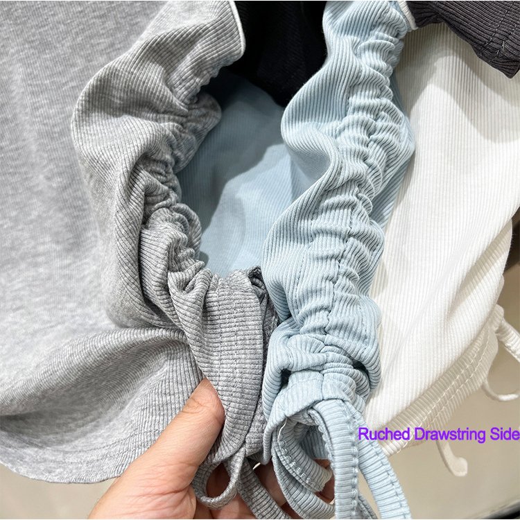 Custom Y2K Contrast Color Raglan Sleeves Crop Tops Baby Tee Ruched Drawstring Ribbed Cotton Short Sleeve Cropped T Shirt Women
