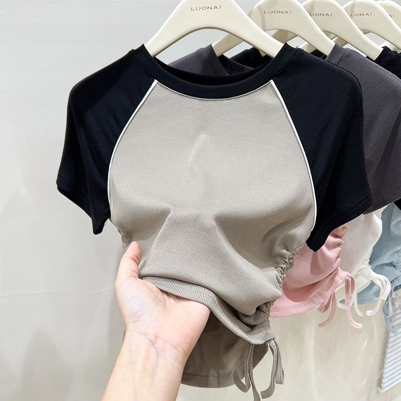 Custom Y2K Contrast Color Raglan Sleeves Crop Tops Baby Tee Ruched Drawstring Ribbed Cotton Short Sleeve Cropped T Shirt Women