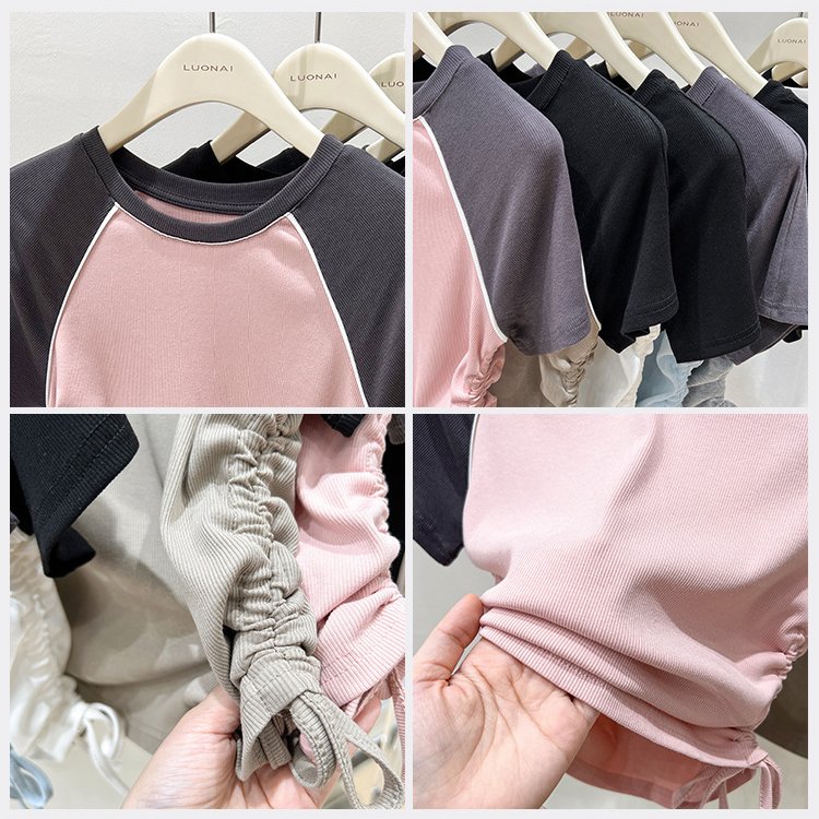 Custom Y2K Contrast Color Raglan Sleeves Crop Tops Baby Tee Ruched Drawstring Ribbed Cotton Short Sleeve Cropped T Shirt Women