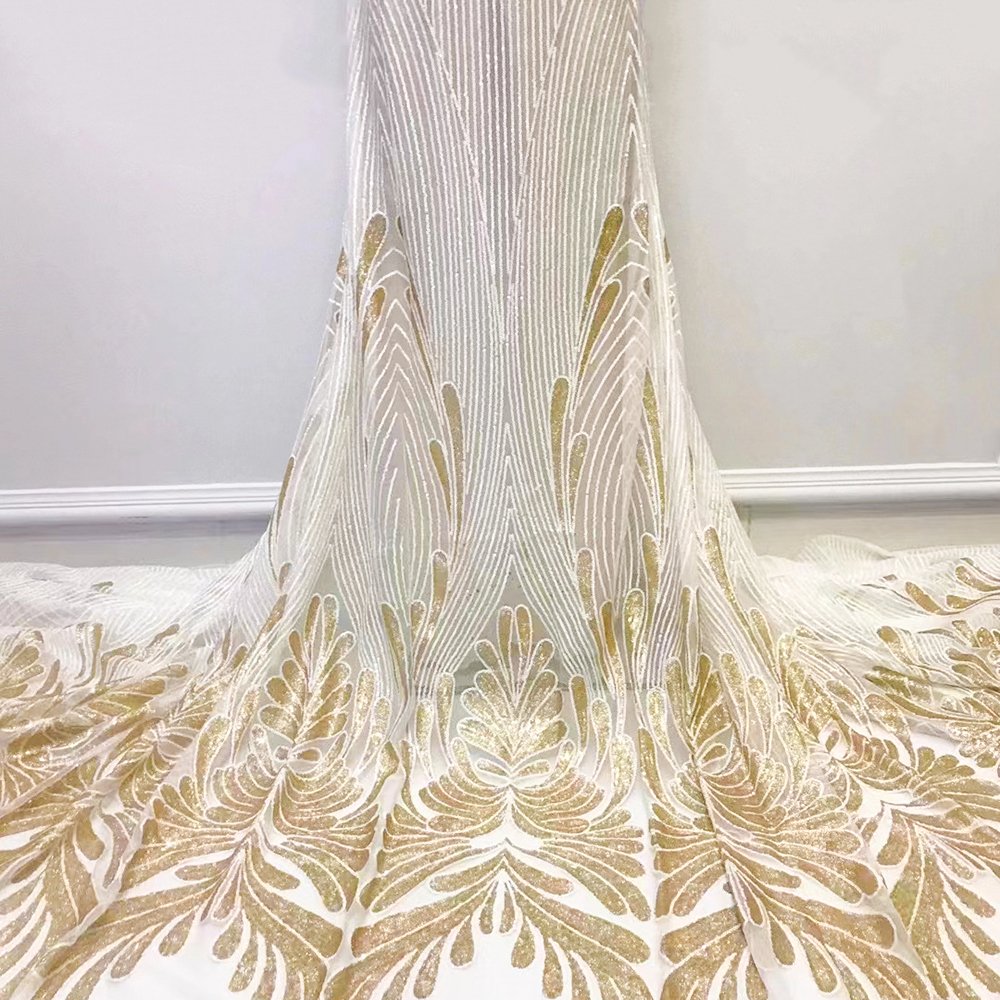 Spot Wholesales Gold Sequins Embroidery Fabrics Polyester Print african lace dress Tulle Yarn Sequins Wedding Party Lace Fabrics