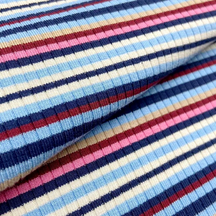 Colorful rainbow ribbing 94% rayon 6% spandex yarn dyed striped 4*2 viscose knit rib fabric for garments
