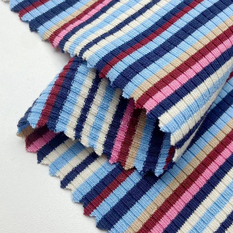 Colorful rainbow ribbing 94% rayon 6% spandex yarn dyed striped 4*2 viscose knit rib fabric for garments