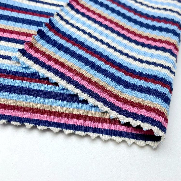 Colorful rainbow ribbing 94% rayon 6% spandex yarn dyed striped 4*2 viscose knit rib fabric for garments