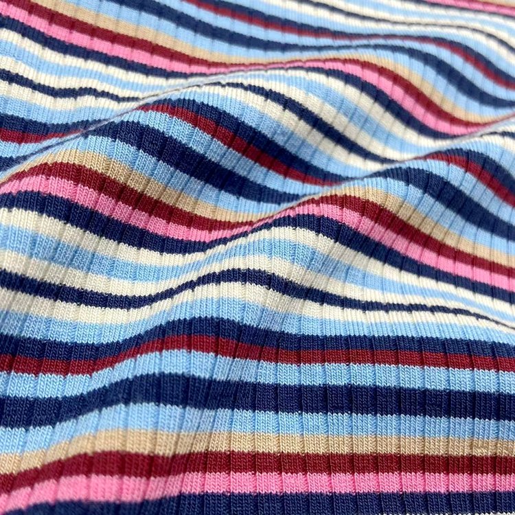 Colorful rainbow ribbing 94% rayon 6% spandex yarn dyed striped 4*2 viscose knit rib fabric for garments