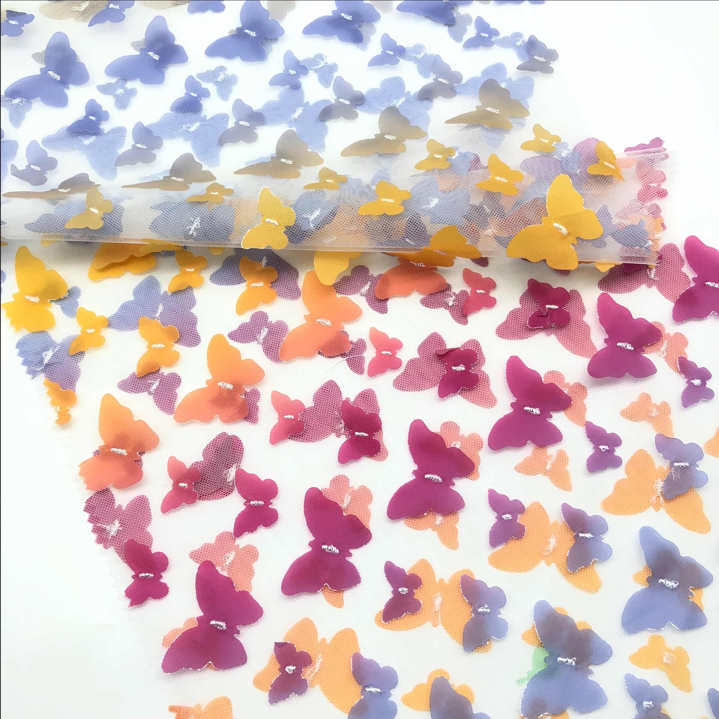 colorful tulle Butterfly gradient multicolor 100% polyester mesh 3d laser cut embroidery fabric for dress