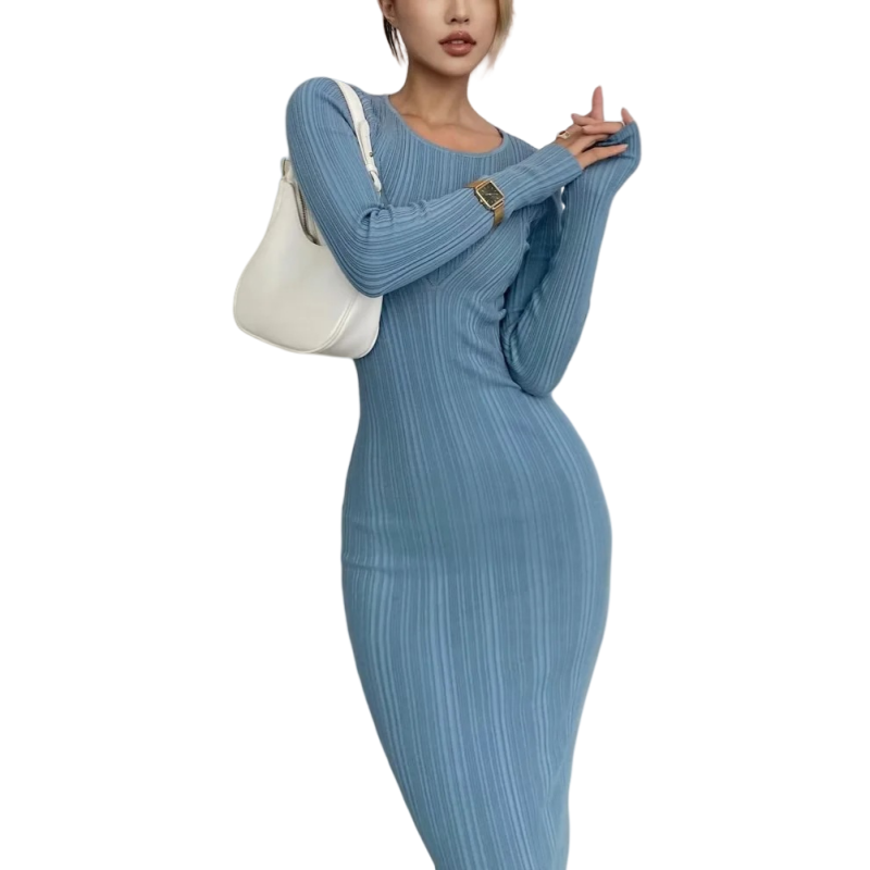 2024 Ladies Ribbed Bodycon Midi Sweater Elegant High Street Long Knit Dress Crew Neck Short Natural Waistline Autumn Season