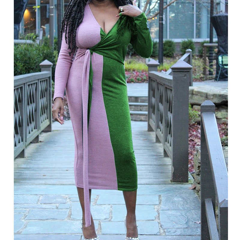Custom OEM ODM Rib-knit aka sororit Color Block Sweater Dress Two-Toned Color-Blocked Sweater Dress