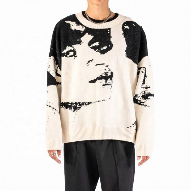 2024 Custom Knit Pattern Autumn Retro Trend Knitted Round Neck Jacquard Thick Ribbed Hem Design Pullover Sweater For Men