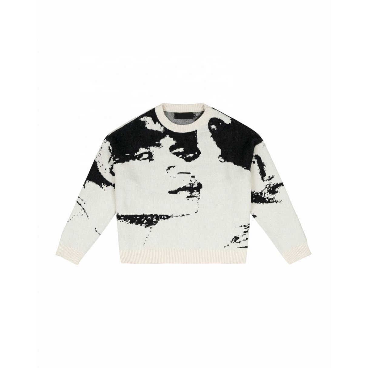 2024 Custom Knit Pattern Autumn Retro Trend Knitted Round Neck Jacquard Thick Ribbed Hem Design Pullover Sweater For Men