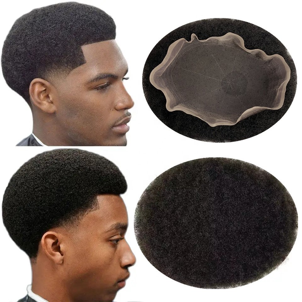 Stock 8x10 4mm Afro curly Indian hair topper french lace base natural hair wigs for black men afro short