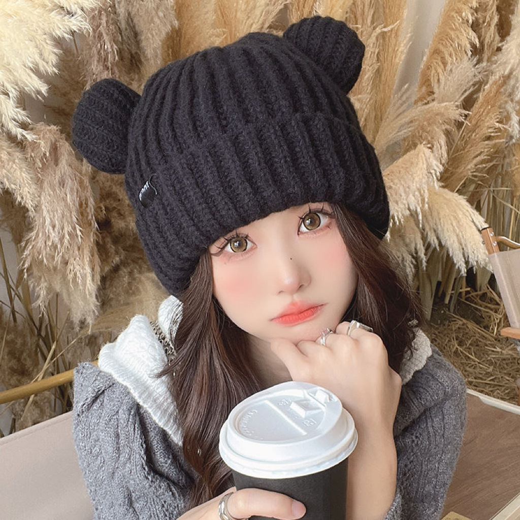 High Quality Premium Bulk Supplier Custom Logo Fashion Youth Warm Blank Cap Knitted Plain Bear Hat Winter Beanies With Ears