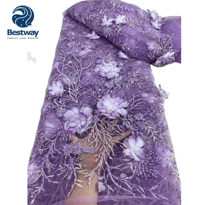 2024 High Quality Ladies 3D Flowers Lace Beaded Embroidery Fabrics Luxury Handmade Sequins Lace 5 Yards For Evening Party