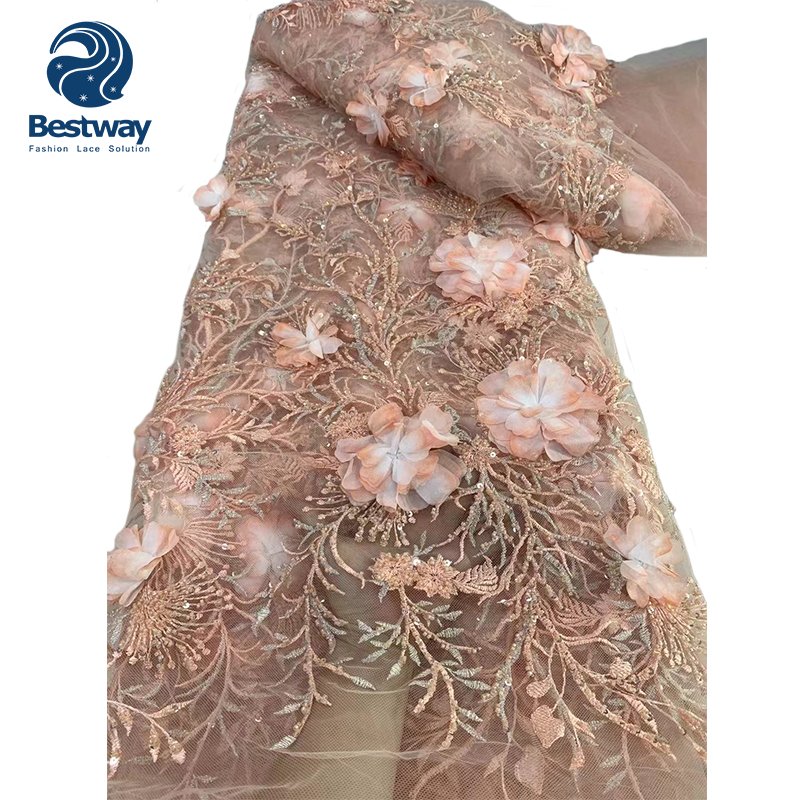 2024 High Quality Ladies 3D Flowers Lace Beaded Embroidery Fabrics Luxury Handmade Sequins Lace 5 Yards For Evening Party