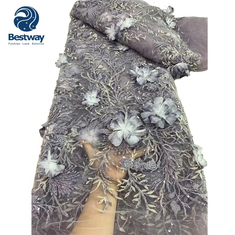 2024 High Quality Ladies 3D Flowers Lace Beaded Embroidery Fabrics Luxury Handmade Sequins Lace 5 Yards For Evening Party