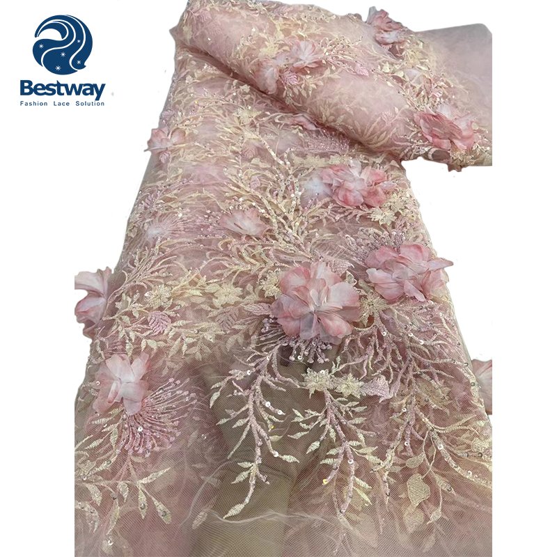 2024 High Quality Ladies 3D Flowers Lace Beaded Embroidery Fabrics Luxury Handmade Sequins Lace 5 Yards For Evening Party