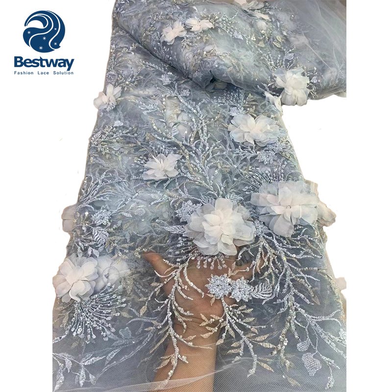 2024 High Quality Ladies 3D Flowers Lace Beaded Embroidery Fabrics Luxury Handmade Sequins Lace 5 Yards For Evening Party