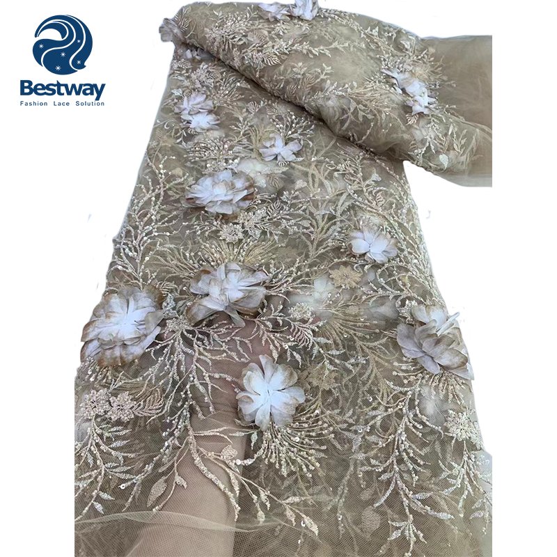 2024 High Quality Ladies 3D Flowers Lace Beaded Embroidery Fabrics Luxury Handmade Sequins Lace 5 Yards For Evening Party