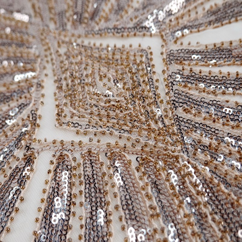 Fancy bridal luxury polyester gold sequin embroidery beaded mesh fabric for party dresses
