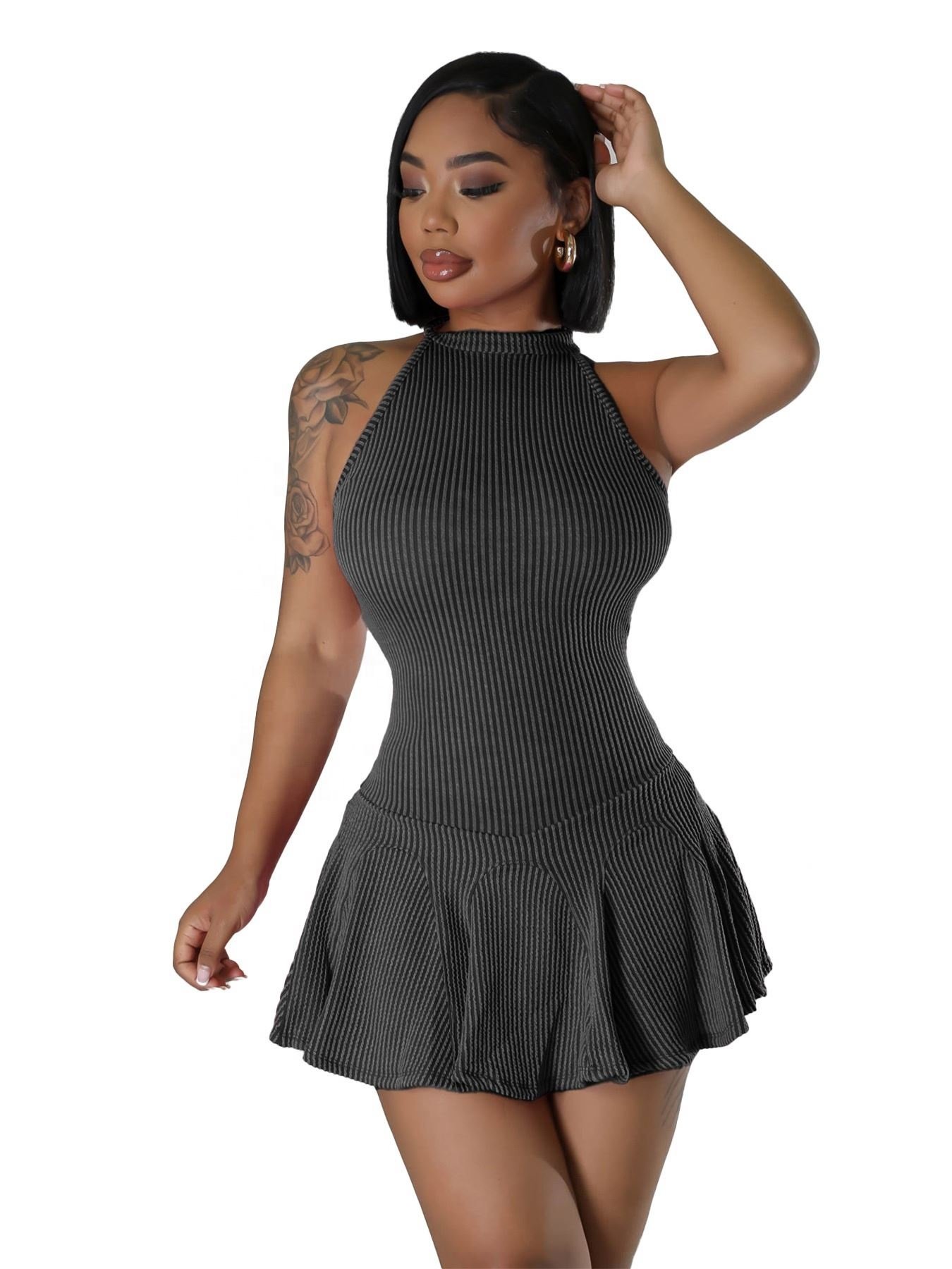 Sexy Women Mini Dress Sleeveless Slim Fit High Knitted Ribbed Sweet Pleated Casual Dresses Clothing Summer For 2024