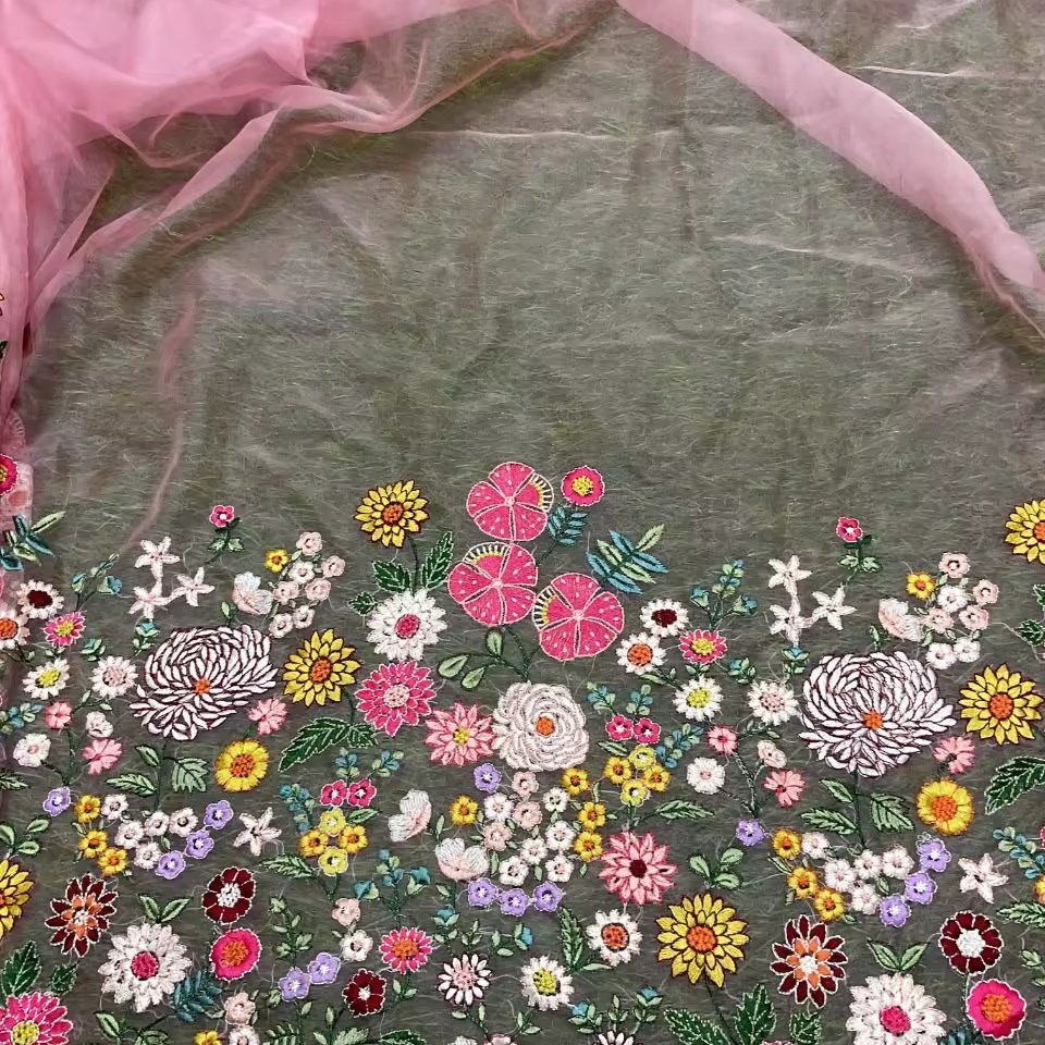 fox georgette Embroidery Fabric Sequin work Zari work Embroidery on Dyed Georgette Fabric pink Color