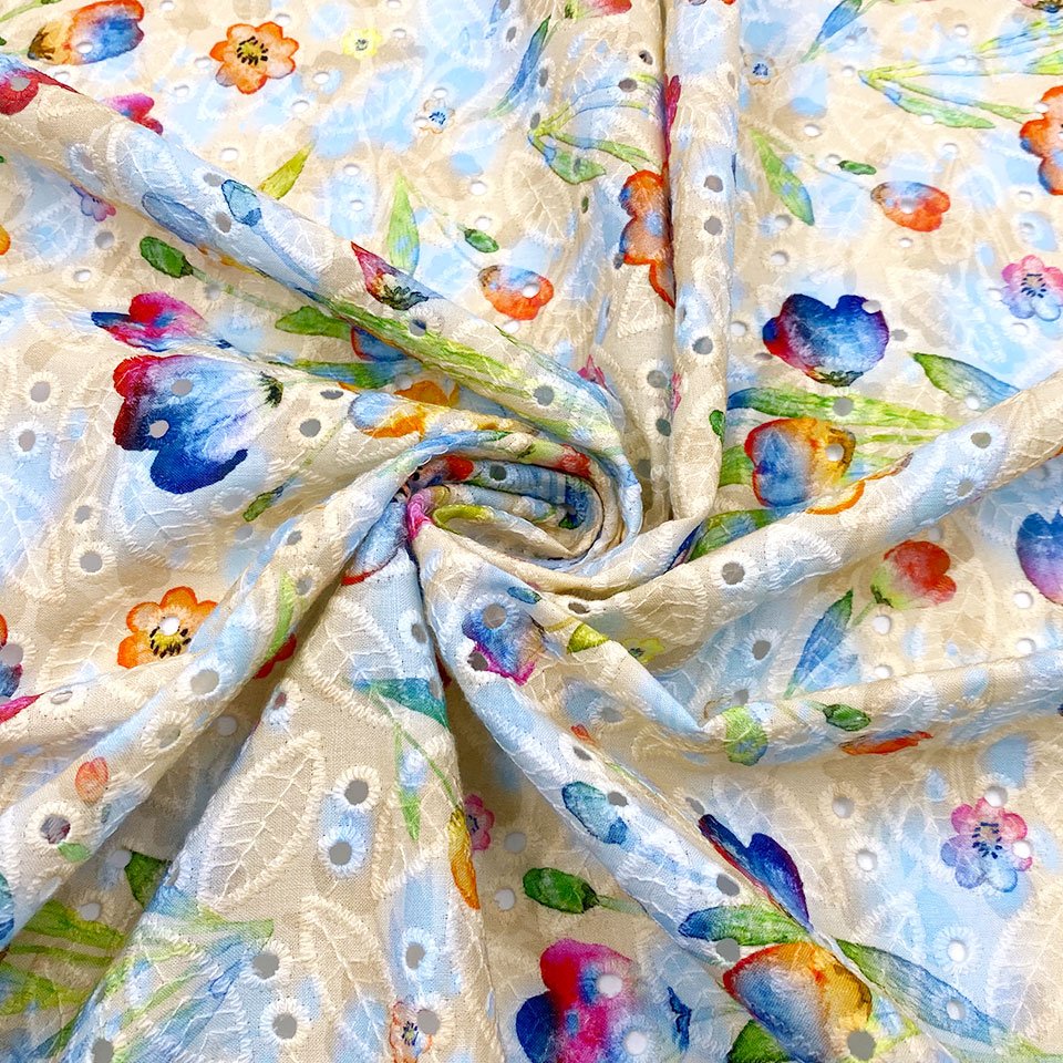 Design flowers floral custom pattern hollow out woven poplin lace eyelet digital print cotton voile embroidery fabric for dress