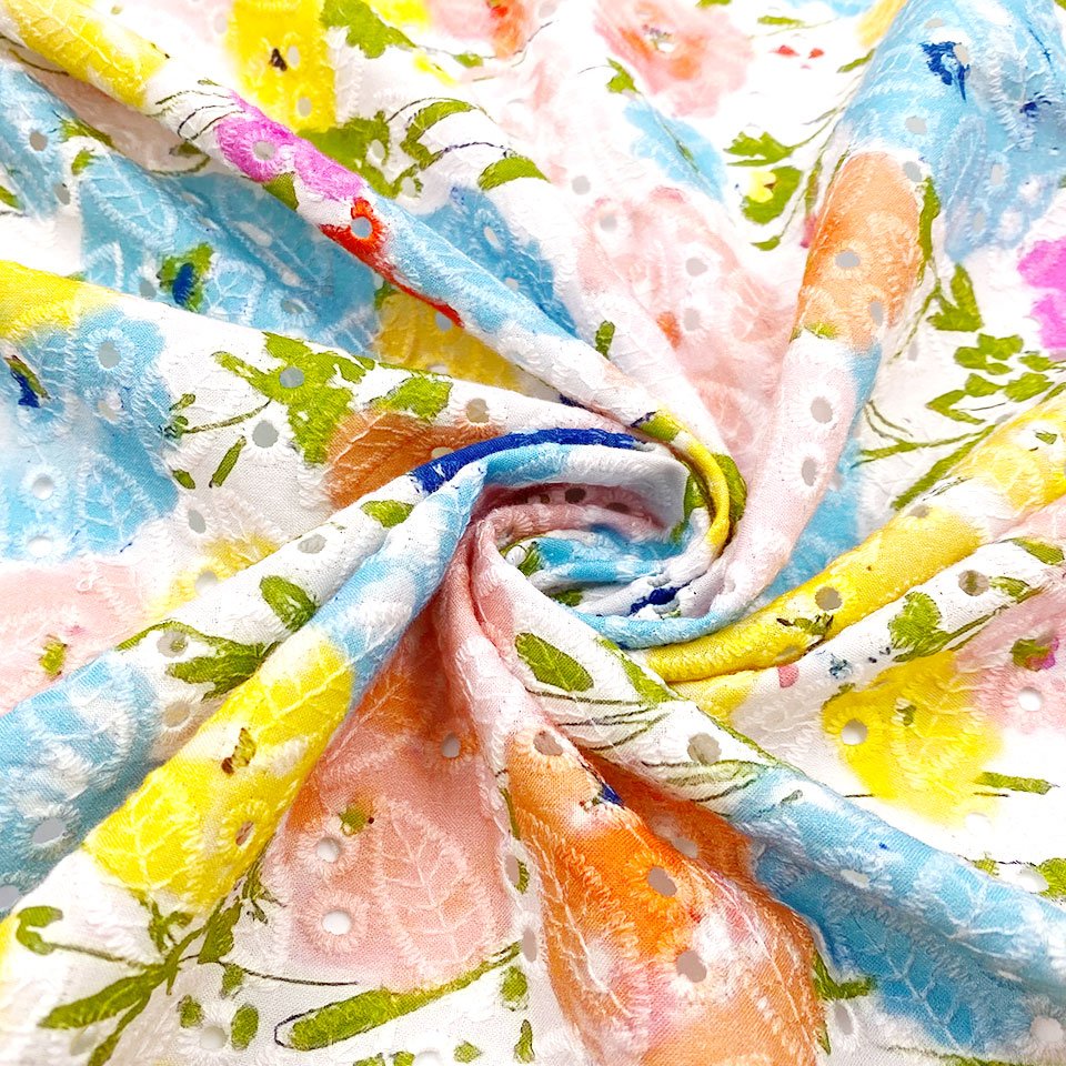 Design flowers floral custom pattern hollow out woven poplin lace eyelet digital print cotton voile embroidery fabric for dress