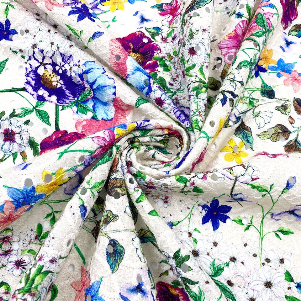 Design flowers floral custom pattern hollow out woven poplin lace eyelet digital print cotton voile embroidery fabric for dress