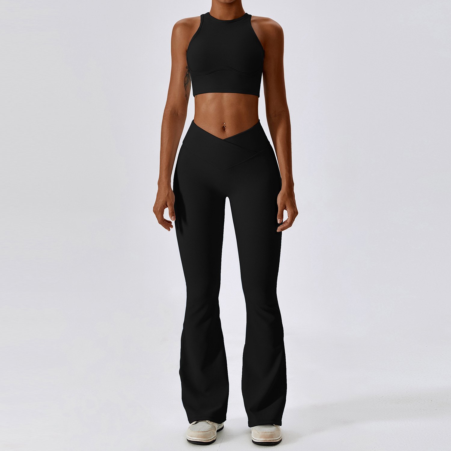 Women Rib Quick Dry Soft Workout Exercise Gym Fitness Vest Top Sports Bra High V Waist Leggings Running Yoga Set