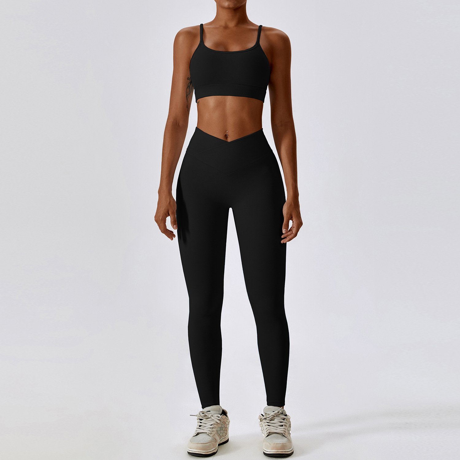 Women Rib Quick Dry Soft Workout Exercise Gym Fitness Vest Top Sports Bra High V Waist Leggings Running Yoga Set