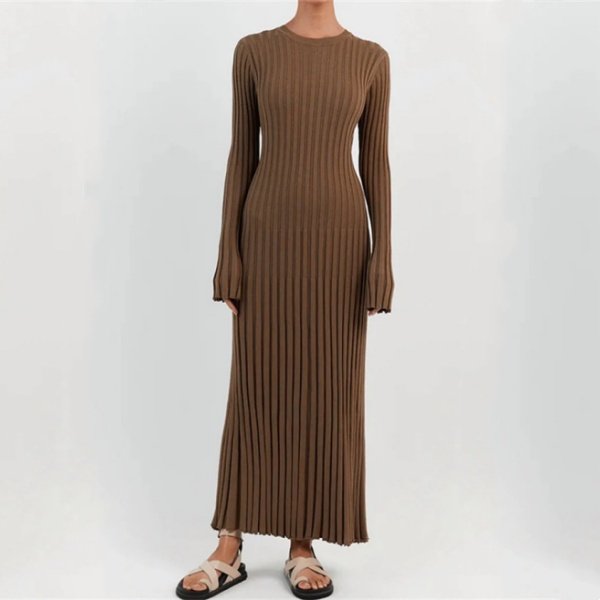High Quality Custom Ribbed Flare Long Sleeve Round Collar Back Lace Up Knitted Dresses Women Pullover Casual Maxi Dress