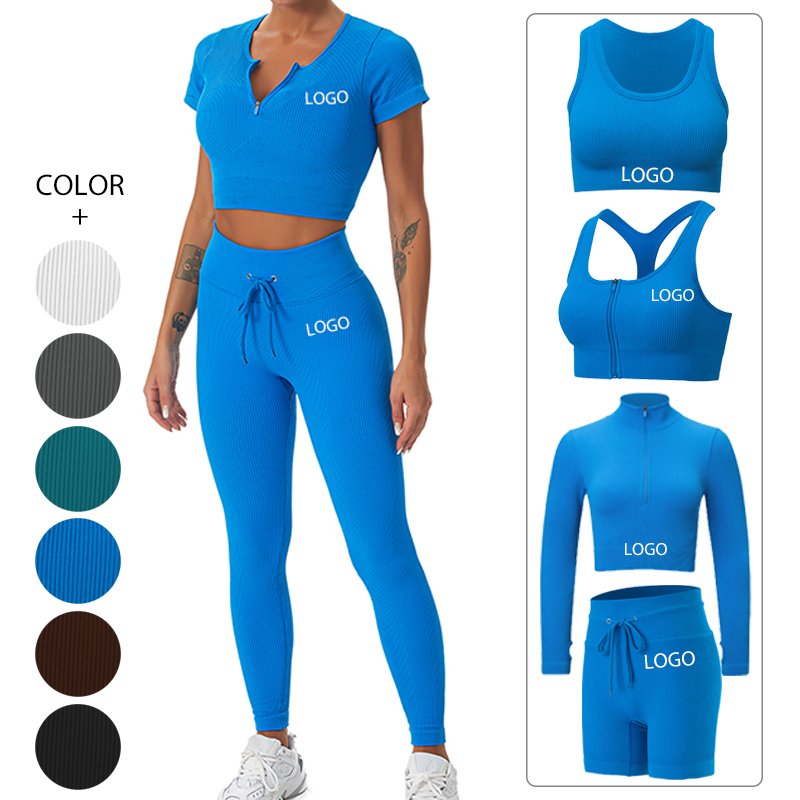 Custom Logo 6 Piece Gym Workout Sets For Womens Fitness Sexy Zipper Bra Activewear Sets Workout Ribbed Seamless Yoga Set