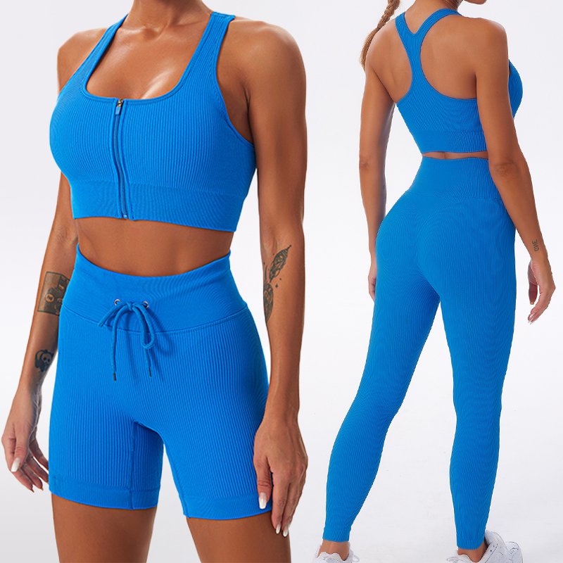 Custom Logo 6 Piece Gym Workout Sets For Womens Fitness Sexy Zipper Bra Activewear Sets Workout Ribbed Seamless Yoga Set