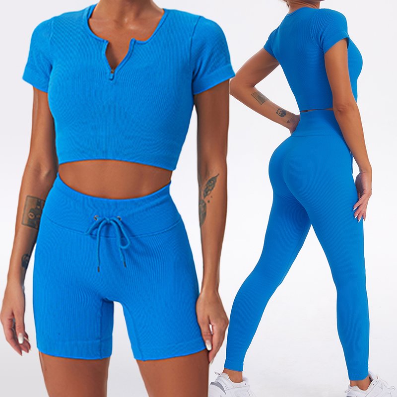 Custom Logo 6 Piece Gym Workout Sets For Womens Fitness Sexy Zipper Bra Activewear Sets Workout Ribbed Seamless Yoga Set