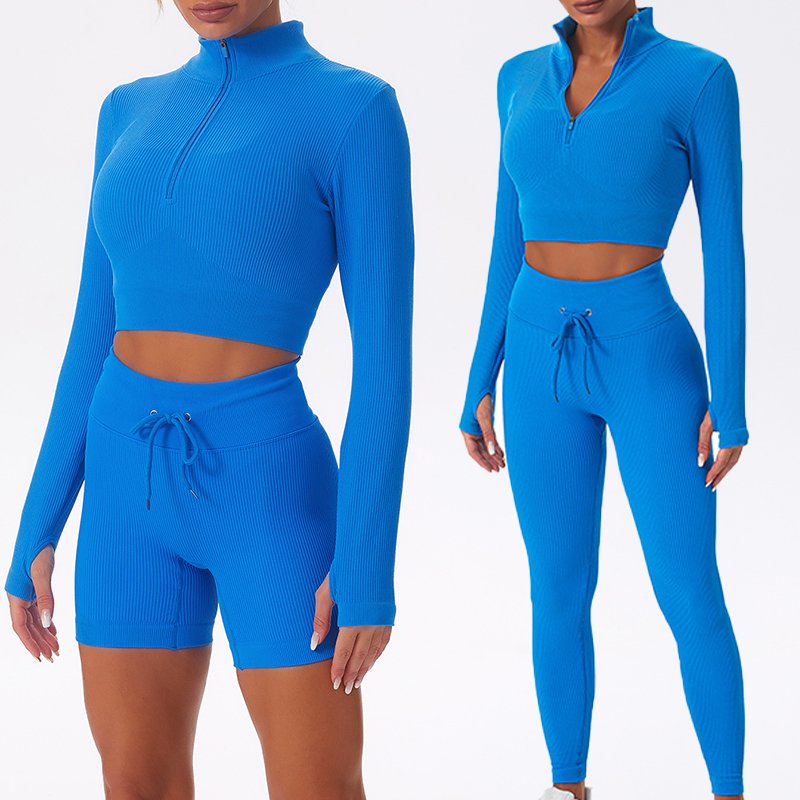 Custom Logo 6 Piece Gym Workout Sets For Womens Fitness Sexy Zipper Bra Activewear Sets Workout Ribbed Seamless Yoga Set