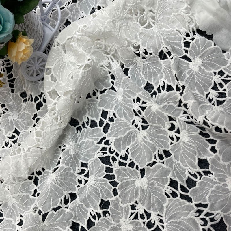 Pantone Color Polyester Charming lace Holes Florals Embroidery Laser Chiffon Fabric Cutting for Decoration