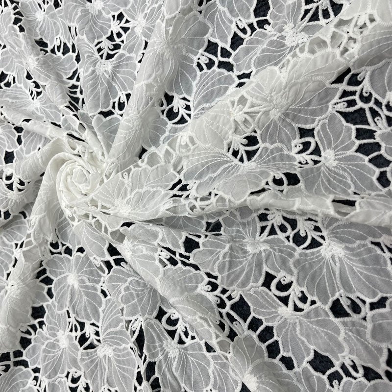 Pantone Color Polyester Charming lace Holes Florals Embroidery Laser Chiffon Fabric Cutting for Decoration